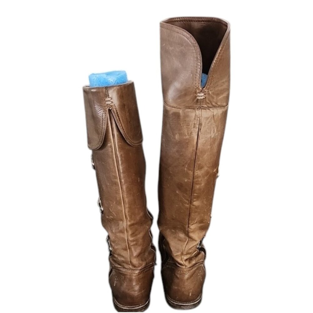 FRYE VINTAGE Chestnut Leather Tall Riding Boots 6.5 Harness Buckle OTK Moto - Picture 8 of 16